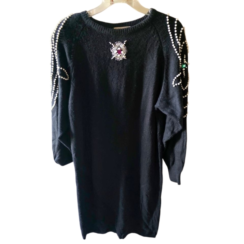 Plain Jane 80's Elegant Black Embellished Sweater Dress Size Large Vintage